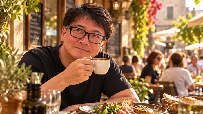 陽の当たる屋外の席で、コーヒーカップを手にほほえむ浦井崇