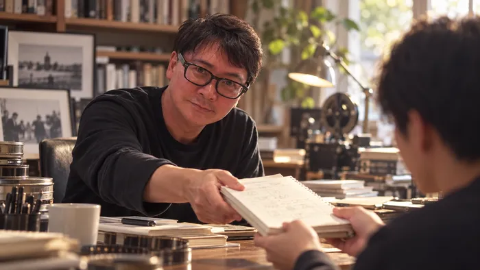 書斎の机ごしに、書きためた紙の束を相手へ手渡す浦井崇