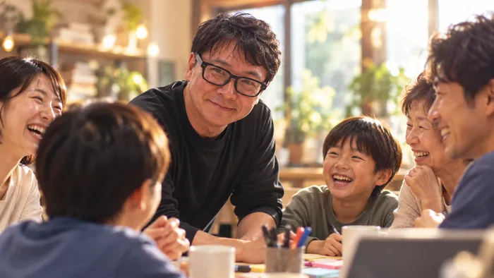 食卓を囲んで子どもたちや大人と笑い合う浦井崇